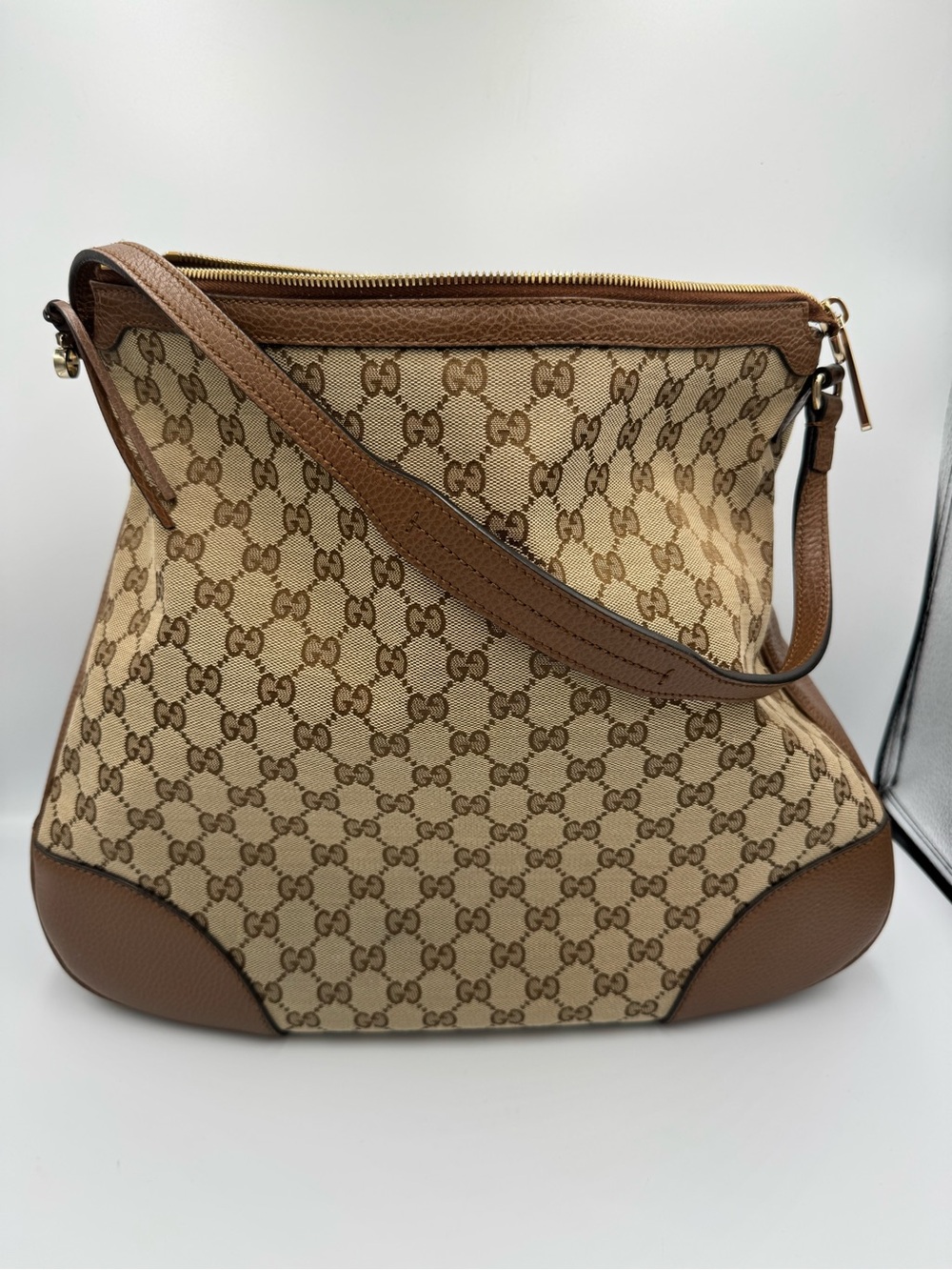 Gucci Bree Large GG Canvas Hobo Bag Brown Leather Trim Gold Hardware Authentic